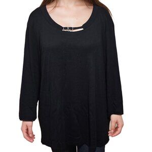 Karen Scott Sport Black V-Neck Top with Metal Ring Detail, Size 3X